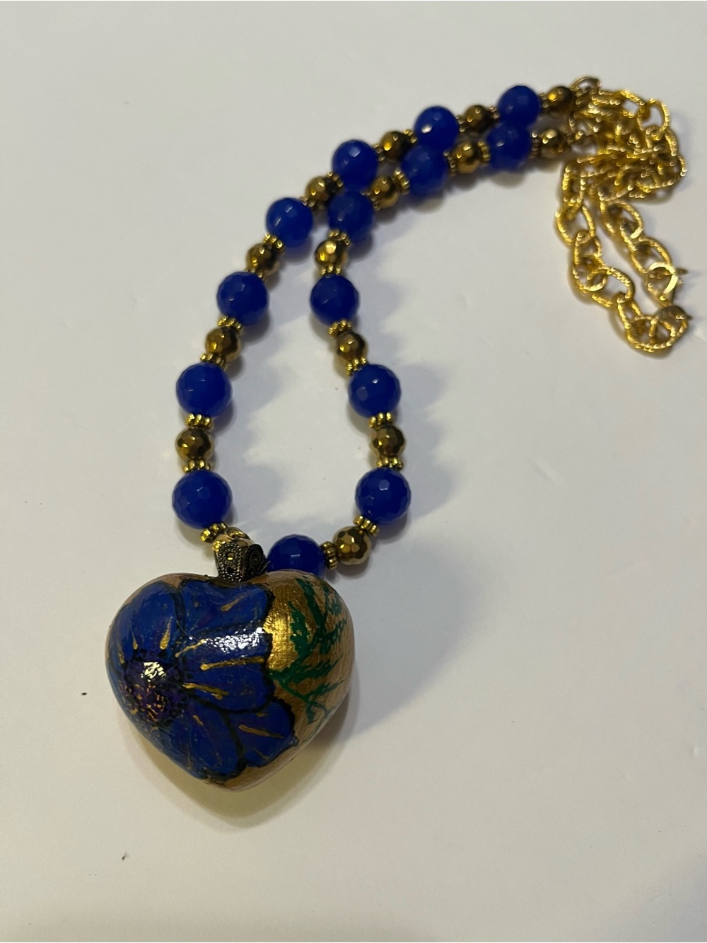 Hand-Painted Blue Heart Pendant Necklace - Gold Accents